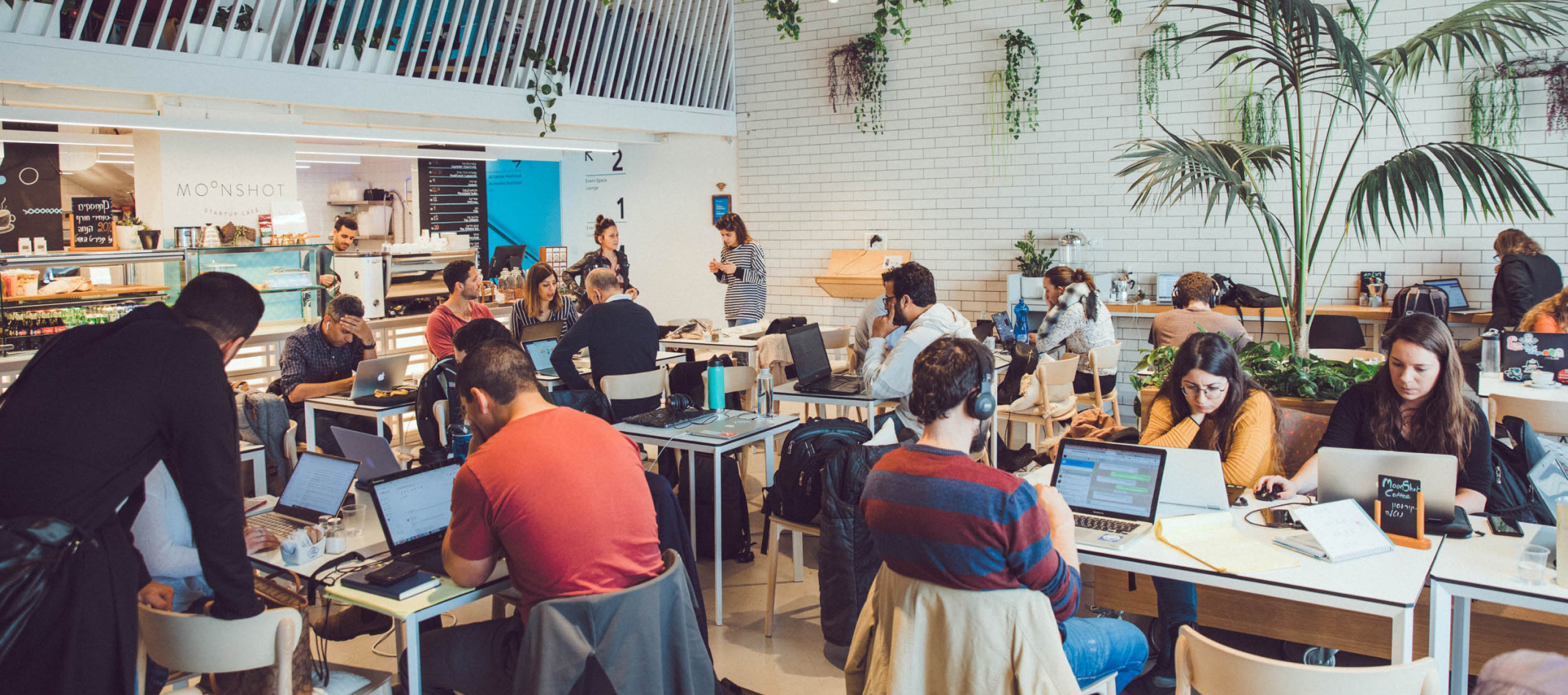 People working from office canteen