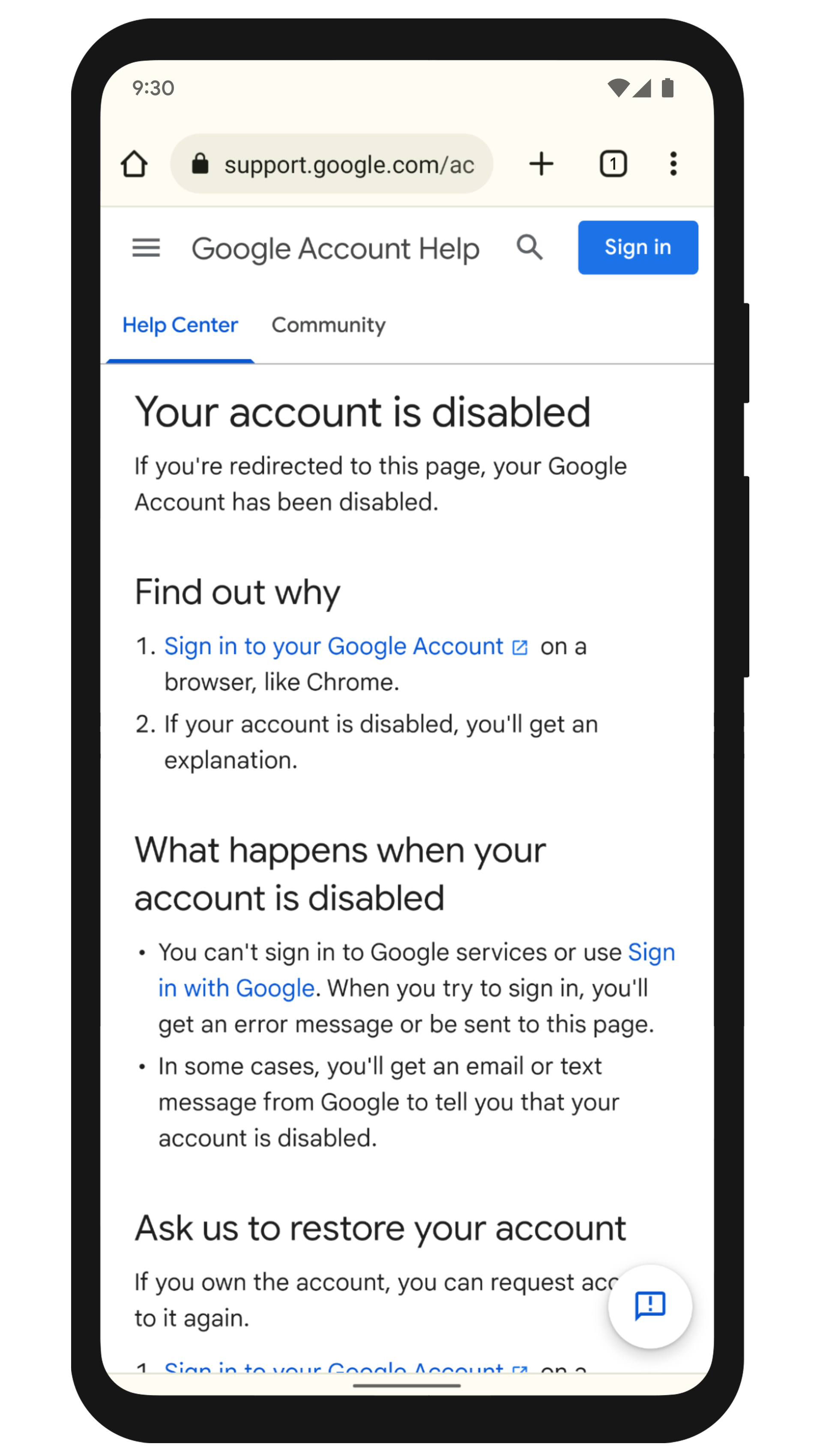 Recovering a Disabled Account Guidebooks with Google